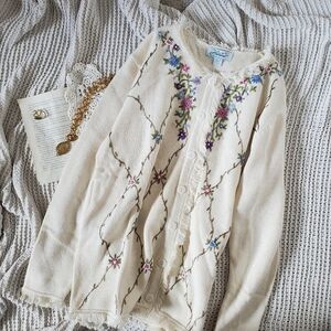 Vintage Haband Cream Knit Embroidered Floral Sweater